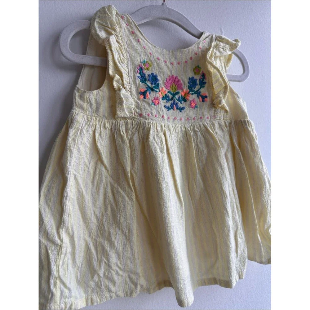 Yellow Striped Embroidered Ruffle Dress